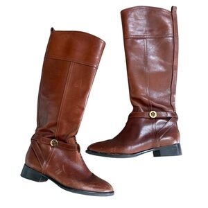 Tory Burch Chestnut Brown Leather Tall Riding Boots with Gold Logo